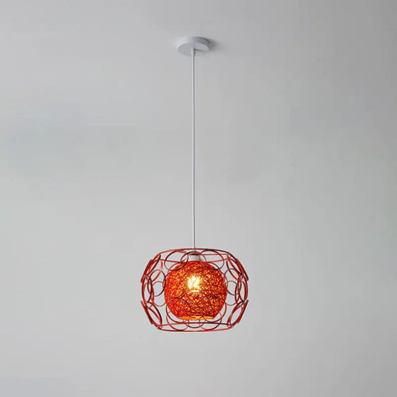 Modern Minimalist Weaving Hemp Ball Iron Drum 1-light Pendant Light for Living Room BulbSquare