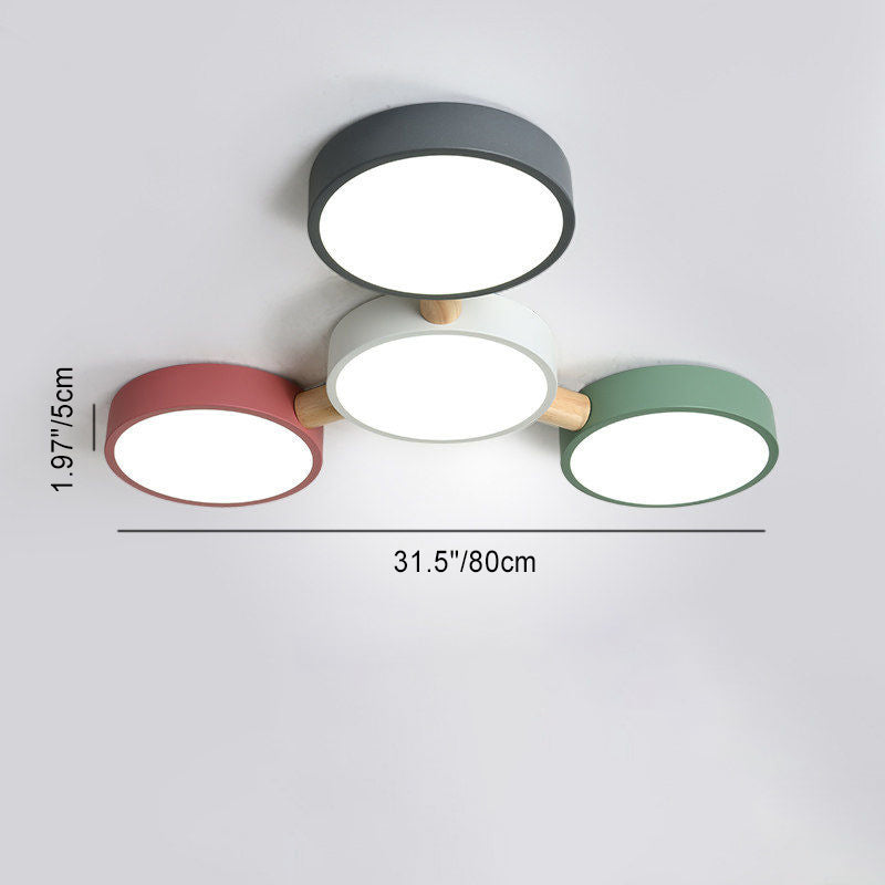 Contemporary Scandinavian Macaron Iron Geometric Round Shade Wood Splicing LED Flush Mount Ceiling Light for Bedroom