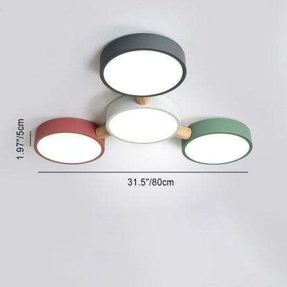 Contemporary Scandinavian Macaron Iron Geometric Round Shade Wood Splicing LED Flush Mount Ceiling Light for Bedroom