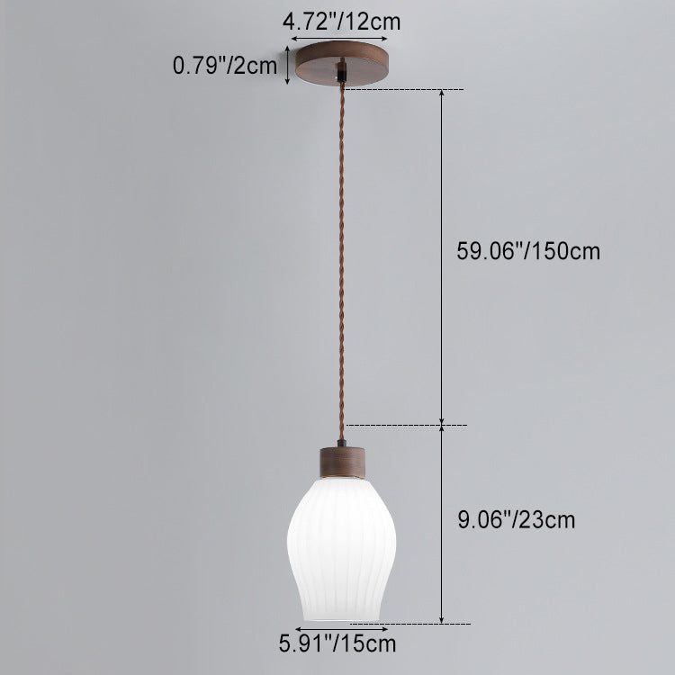 Traditional Japanese Walnut Glass Ball Round Bottle Ribbed 1-light Pendant Light for Dining Room