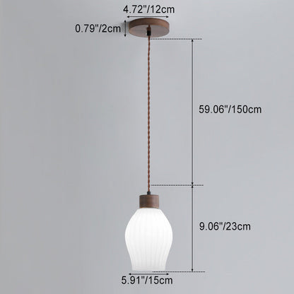 Traditional Japanese Walnut Glass Ball Round Bottle Ribbed 1-light Pendant Light for Dining Room