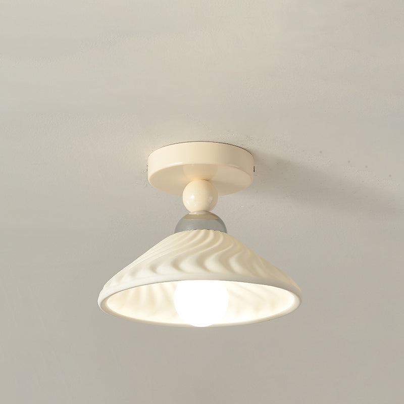 Contemporary Scandinavian Cream Ceramic Geometric Round Shade 1-Light Semi-Flush Mount Ceiling Light For Living Room
