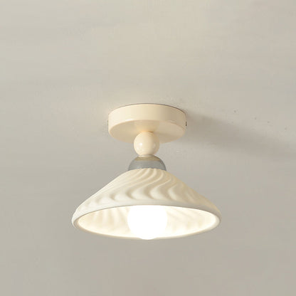 Contemporary Scandinavian Cream Ceramic Geometric Round Shade 1-Light Semi-Flush Mount Ceiling Light For Living Room