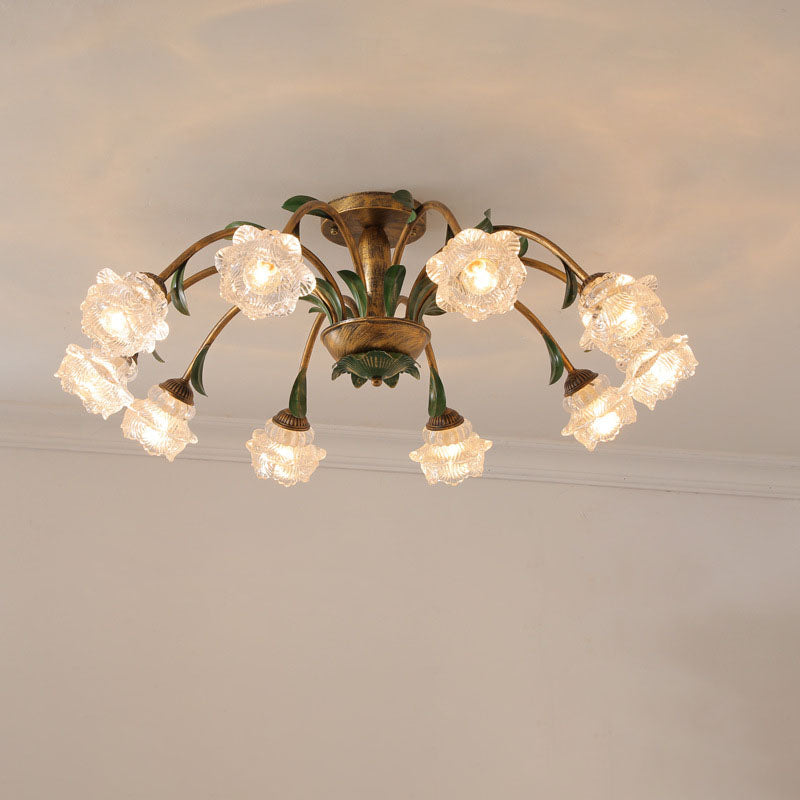 Traditional Rustic Floral Iron Glass 6/8/10 Light Semi-Flush Mount Ceiling Light For Living Room Lumendat