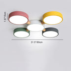 Contemporary Scandinavian Macaron Iron Geometric Round Shade Wood Splicing LED Flush Mount Ceiling Light for Bedroom