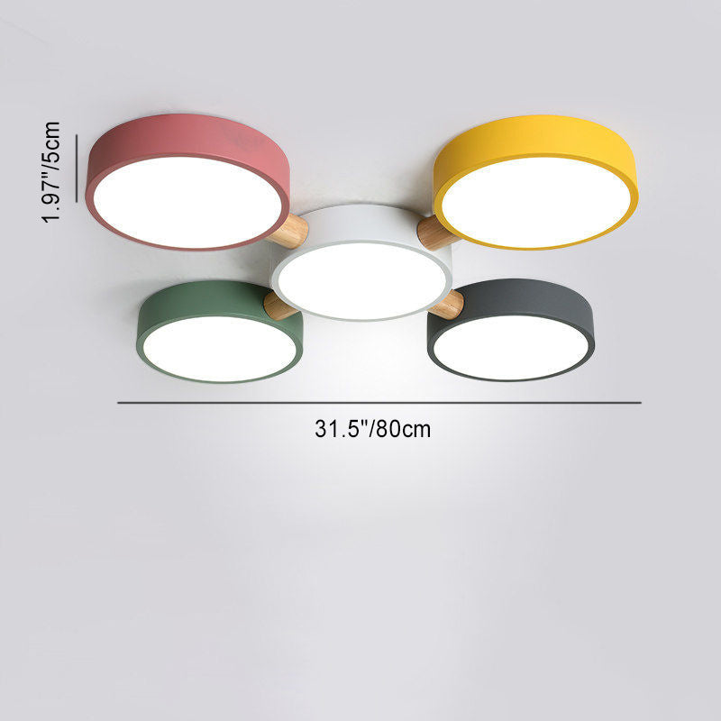 Contemporary Scandinavian Macaron Iron Geometric Round Shade Wood Splicing LED Flush Mount Ceiling Light for Bedroom