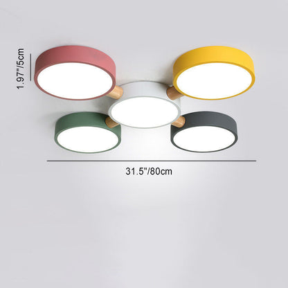 Contemporary Scandinavian Macaron Iron Geometric Round Shade Wood Splicing LED Flush Mount Ceiling Light for Bedroom