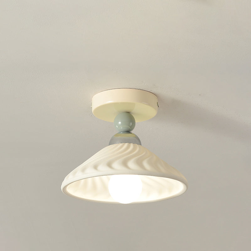 Contemporary Scandinavian Cream Ceramic Geometric Round Shade 1-Light Semi-Flush Mount Ceiling Light For Living Room