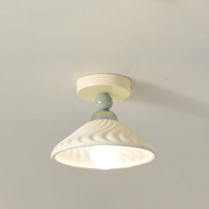 Contemporary Scandinavian Cream Ceramic Geometric Round Shade 1-Light Semi-Flush Mount Ceiling Light For Living Room