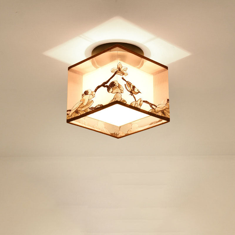 Traditional Chinese Square Iron Fabric 1-light Semi-flush Mount Ceiling Light for Hallway