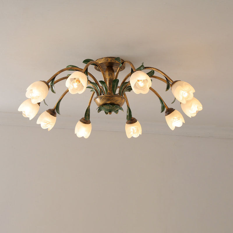 Traditional Rustic Floral Iron Glass 6/8/10 Light Semi-Flush Mount Ceiling Light For Living Room Lumendat