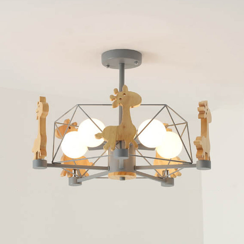Scandinavian Modern Childlike Giraffe Diamond Pentagram Windmill Iron Wood Glass 4/5 Light Semi-Flush Mount Ceiling Light Lumendat