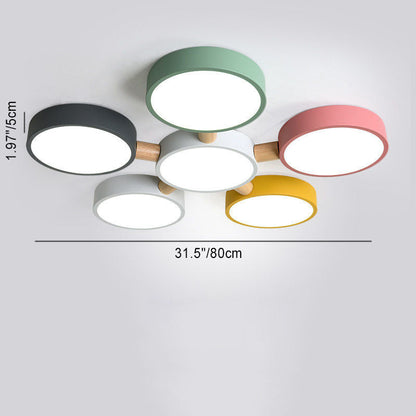 Contemporary Scandinavian Macaron Iron Geometric Round Shade Wood Splicing LED Flush Mount Ceiling Light for Bedroom