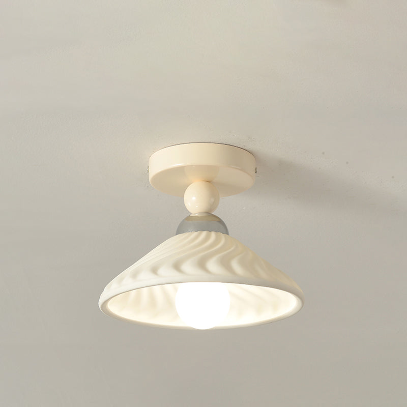 Contemporary Scandinavian Cream Ceramic Geometric Round Shade 1-Light Semi-Flush Mount Ceiling Light For Living Room