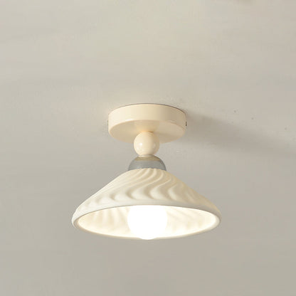 Contemporary Scandinavian Cream Ceramic Geometric Round Shade 1-Light Semi-Flush Mount Ceiling Light For Living Room