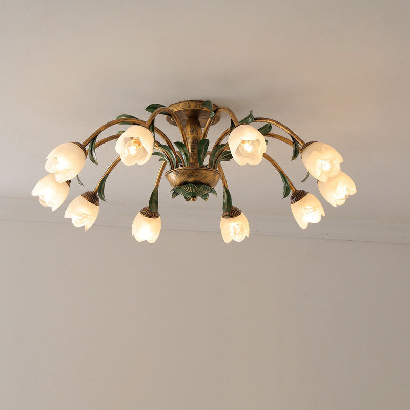 Traditional Rustic Floral Iron Glass 6/8/10 Light Semi-Flush Mount Ceiling Light For Living Room Lumendat
