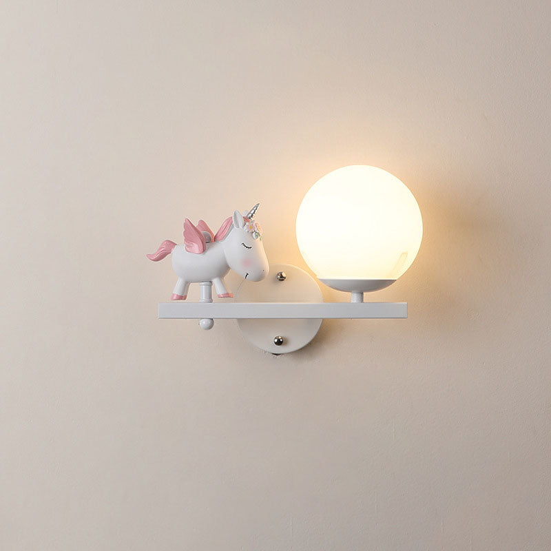 Contemporary Creative Kids Girls Unicorn Orb Resin Iron Glass 1-Light Wall Sconce Lamp For Bedroom Lumendat