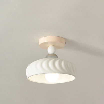 Contemporary Scandinavian Cream Ceramic Geometric Round Shade 1-Light Semi-Flush Mount Ceiling Light For Living Room