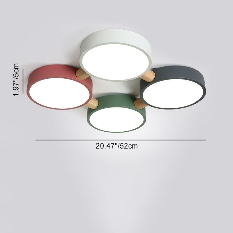 Contemporary Scandinavian Macaron Iron Geometric Round Shade Wood Splicing LED Flush Mount Ceiling Light for Bedroom