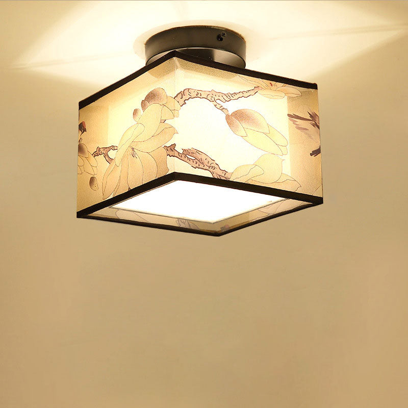 Traditional Chinese Square Iron Fabric 1-light Semi-flush Mount Ceiling Light for Hallway