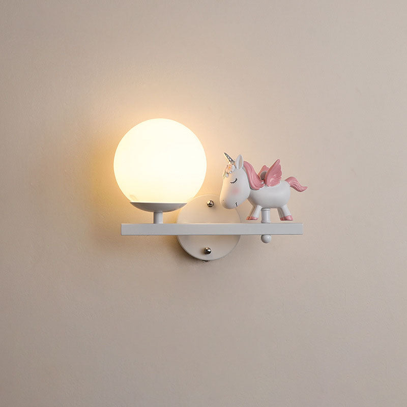 Contemporary Creative Kids Girls Unicorn Orb Resin Iron Glass 1-Light Wall Sconce Lamp For Bedroom Lumendat