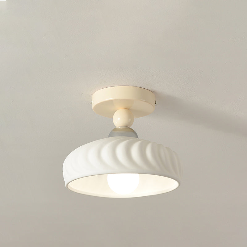 Contemporary Scandinavian Cream Ceramic Geometric Round Shade 1-Light Semi-Flush Mount Ceiling Light For Living Room