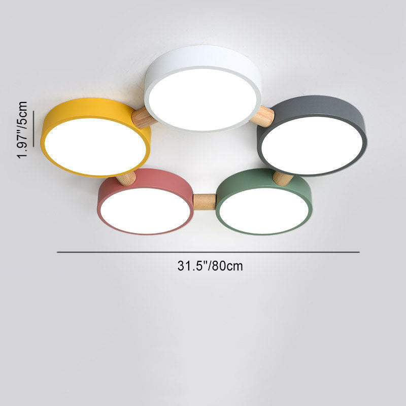 Contemporary Scandinavian Macaron Iron Geometric Round Shade Wood Splicing LED Flush Mount Ceiling Light for Bedroom