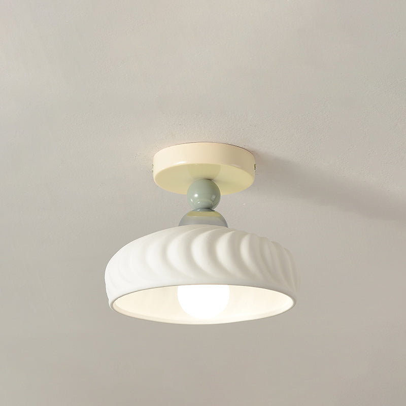 Contemporary Scandinavian Cream Ceramic Geometric Round Shade 1-Light Semi-Flush Mount Ceiling Light For Living Room