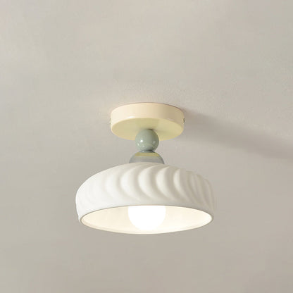 Contemporary Scandinavian Cream Ceramic Geometric Round Shade 1-Light Semi-Flush Mount Ceiling Light For Living Room