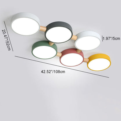 Contemporary Scandinavian Macaron Iron Geometric Round Shade Wood Splicing LED Flush Mount Ceiling Light for Bedroom