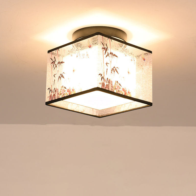 Traditional Chinese Square Iron Fabric 1-light Semi-flush Mount Ceiling Light for Hallway