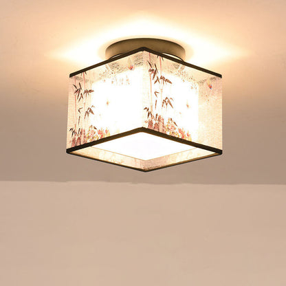 Traditional Chinese Square Iron Fabric 1-light Semi-flush Mount Ceiling Light for Hallway