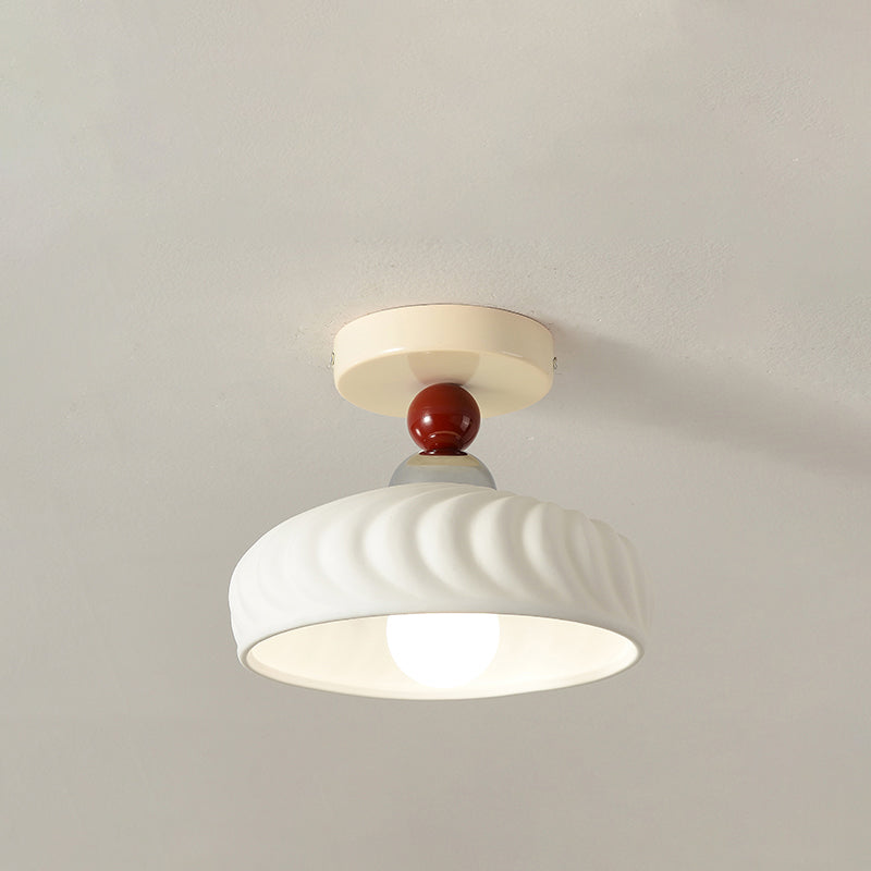 Contemporary Scandinavian Cream Ceramic Geometric Round Shade 1-Light Semi-Flush Mount Ceiling Light For Living Room