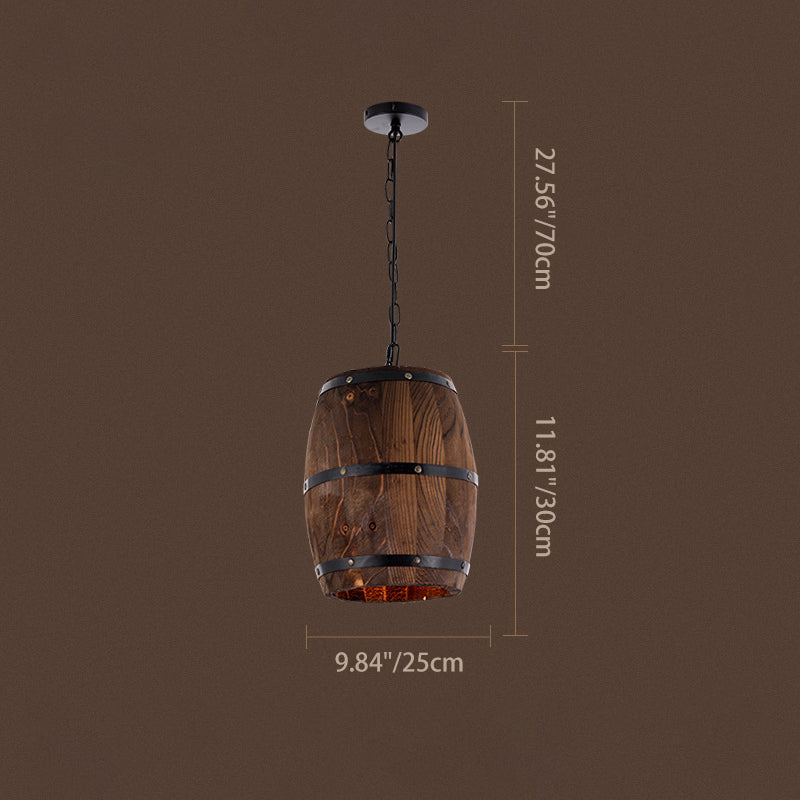 Traditional Rustic Round Wooden Wine Barrel 1-Light Single Barrel Pendant Light For Dining Room