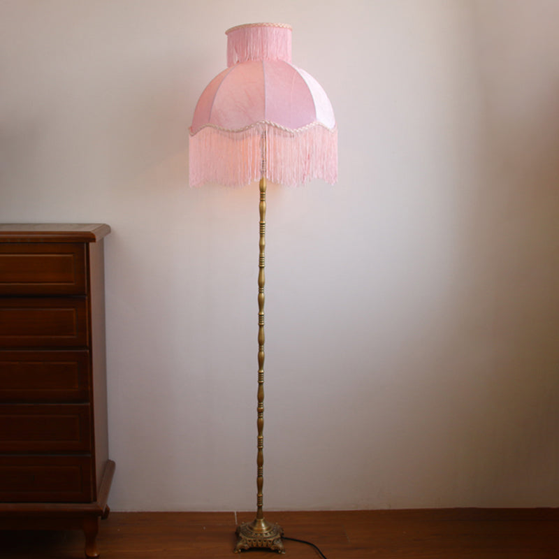 Traditional Vintage Cylinder Semicircle Tassel Fabric Copper 1-Light Standing Floor Lamp For Living Room Lumendat