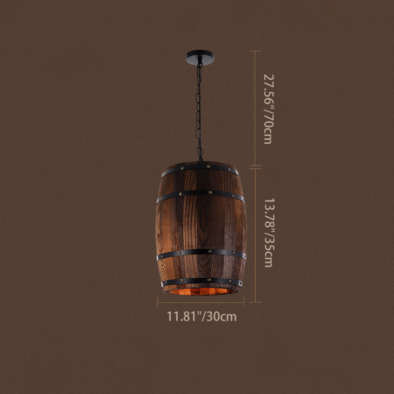 Traditional Rustic Round Wooden Wine Barrel 1-Light Single Barrel Pendant Light For Dining Room