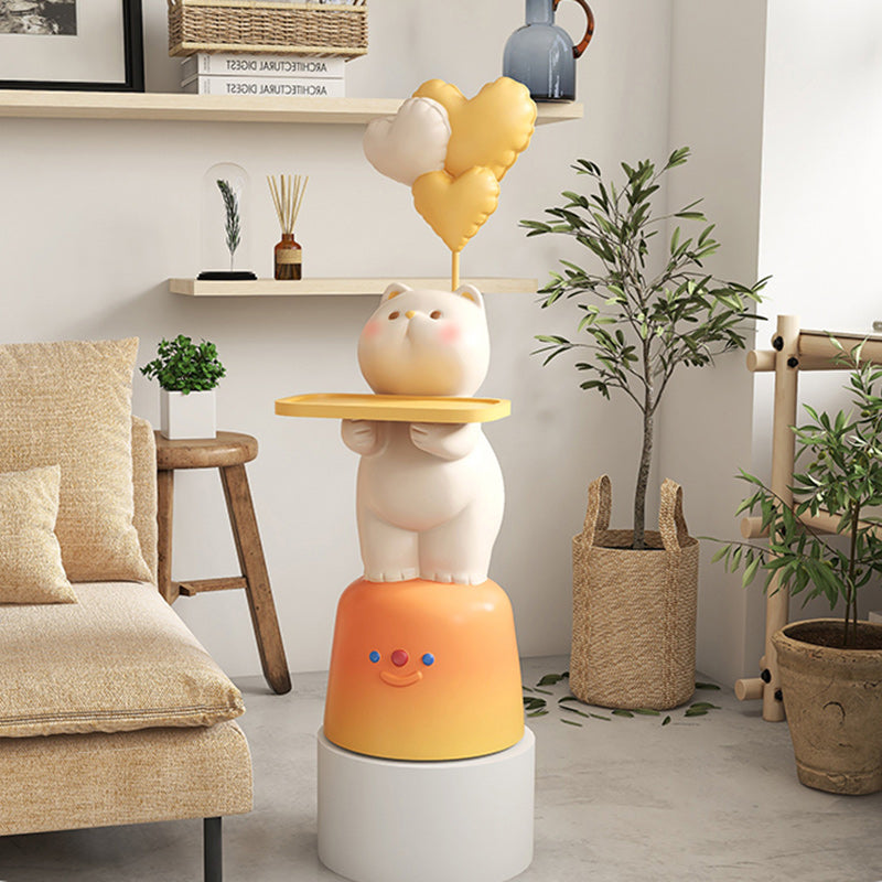 Lumendat Modern Art Deco Kids Cat Rectangular Resin Metal Wood End Table 1-Tray With LED Light For Bedroom Lumendat
