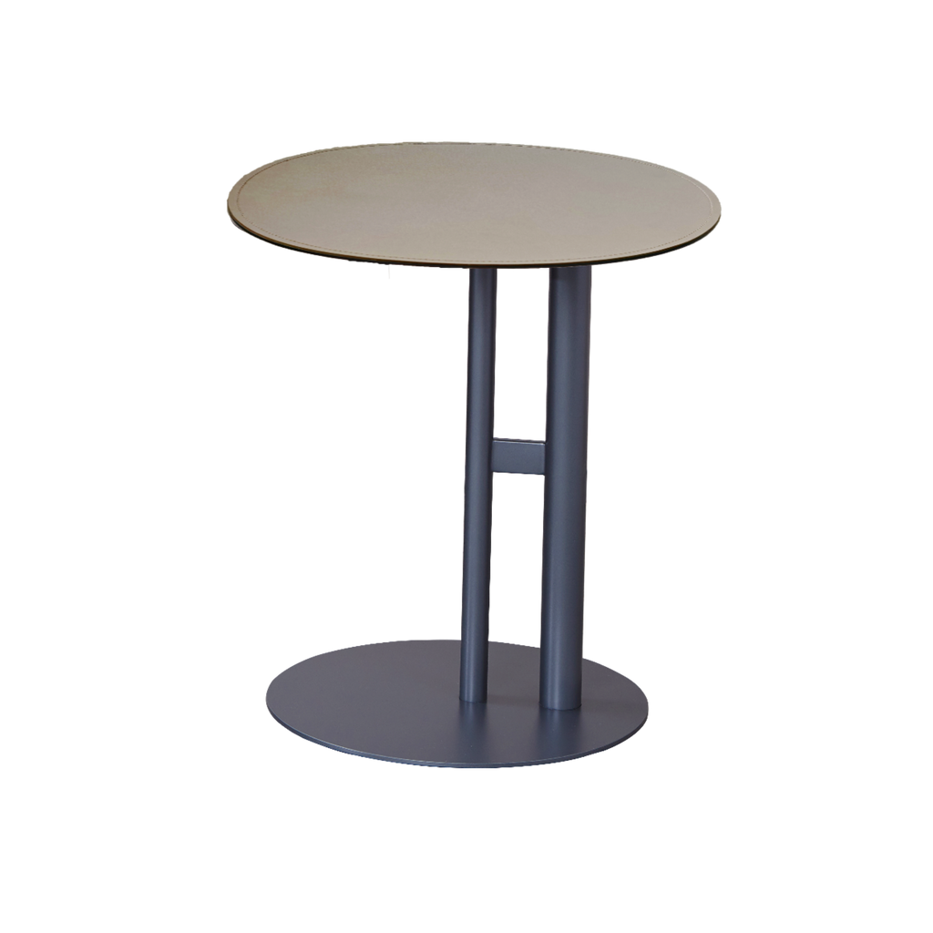 Round Two-Tone Faux Saddle Leather End Table - Minimalist Compact Side Table With Metal Base For Living Room Lumendat