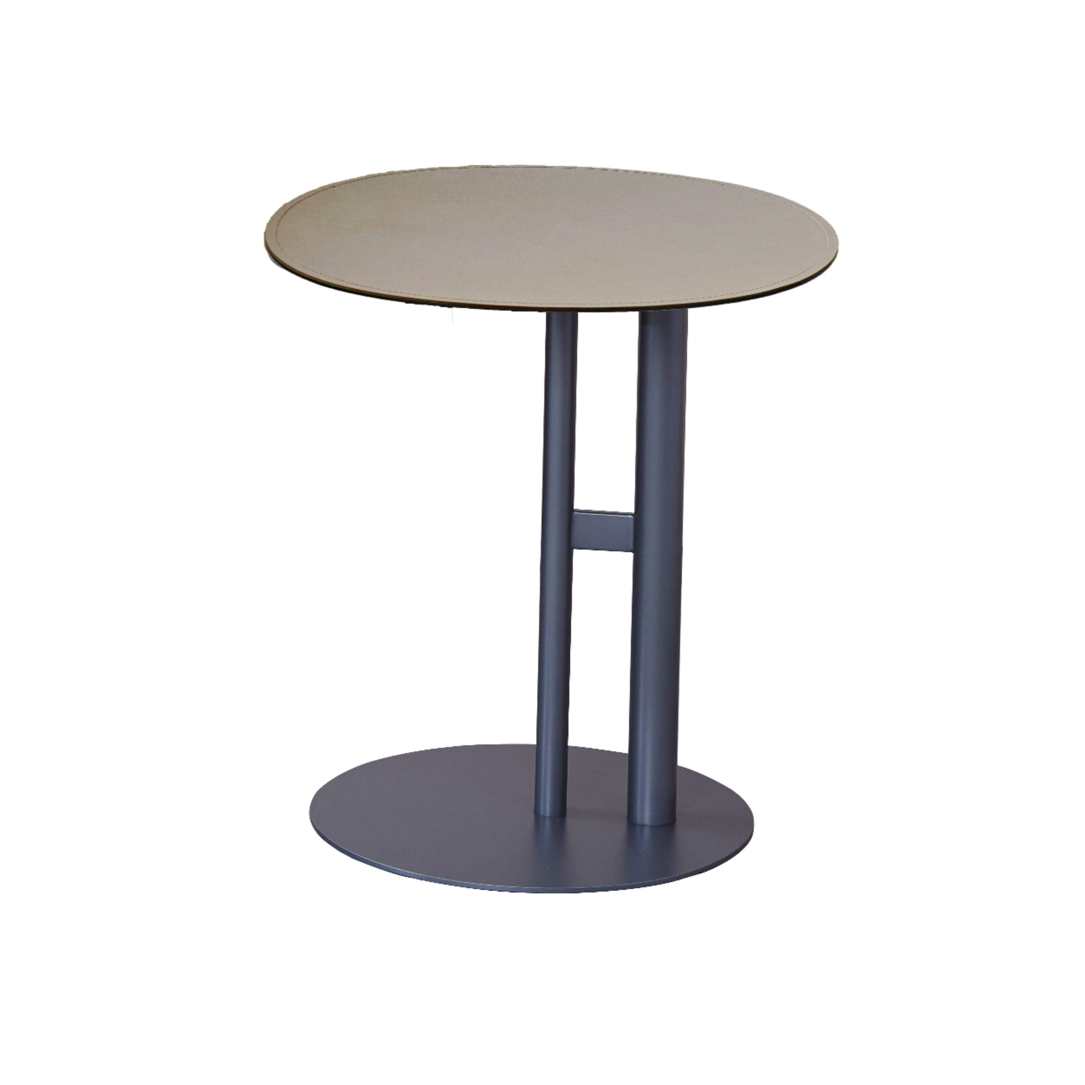 Round Two-Tone Faux Saddle Leather End Table - Minimalist Compact Side Table With Metal Base For Living Room Lumendat