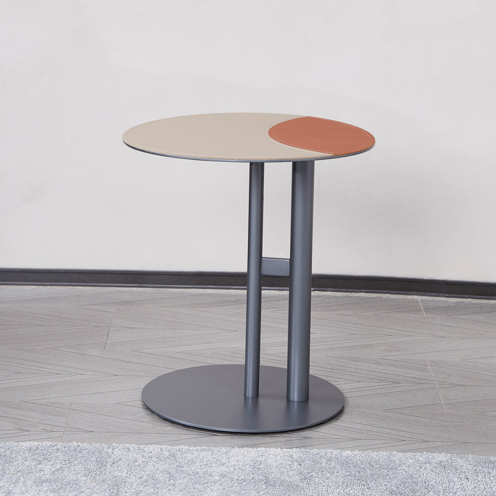 Round Two-Tone Faux Saddle Leather End Table - Minimalist Compact Side Table With Metal Base For Living Room Lumendat