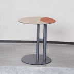 Round Two-Tone Faux Saddle Leather End Table - Minimalist Compact Side Table With Metal Base For Living Room Lumendat