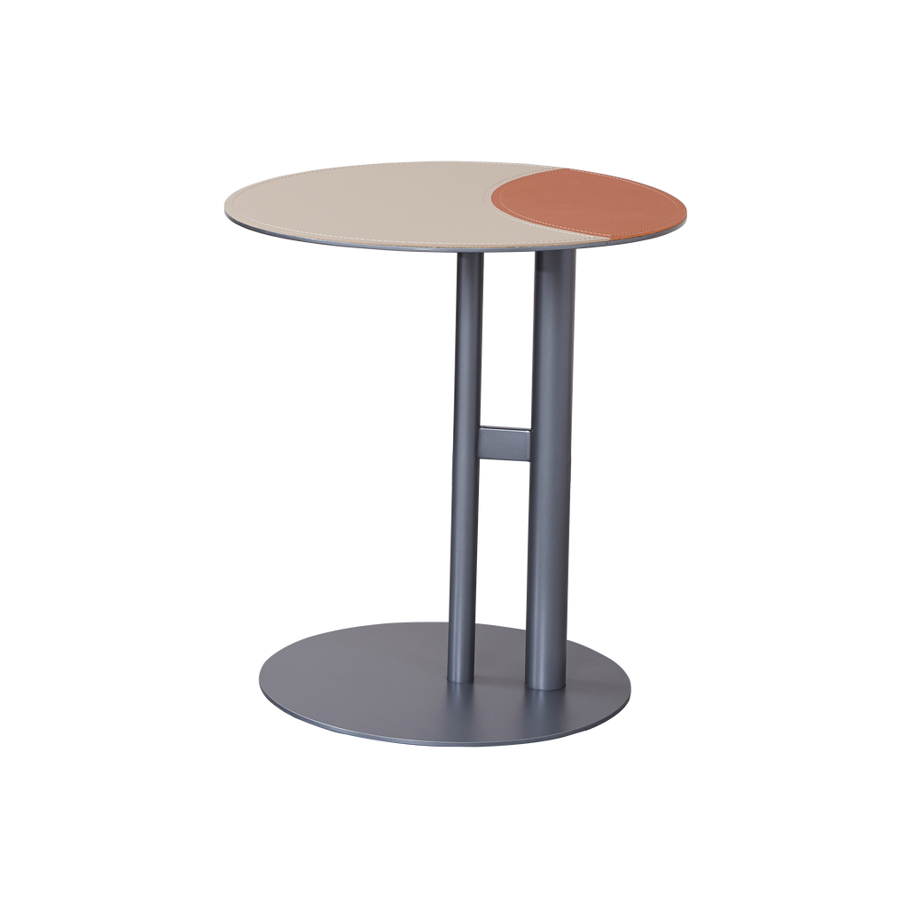 Round Two-Tone Faux Saddle Leather End Table - Minimalist Compact Side Table With Metal Base For Living Room Lumendat