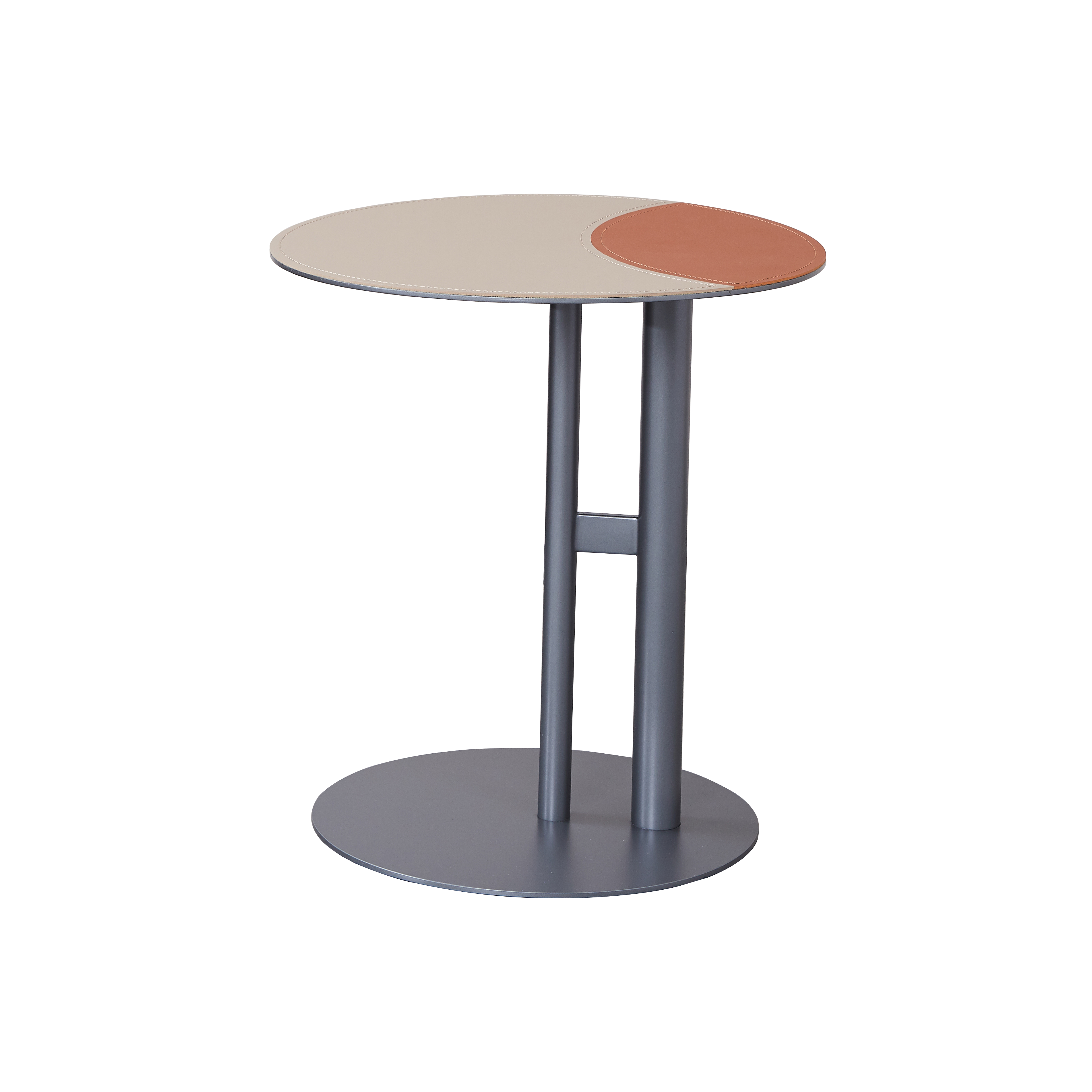 Round Two-Tone Faux Saddle Leather End Table - Minimalist Compact Side Table With Metal Base For Living Room Lumendat