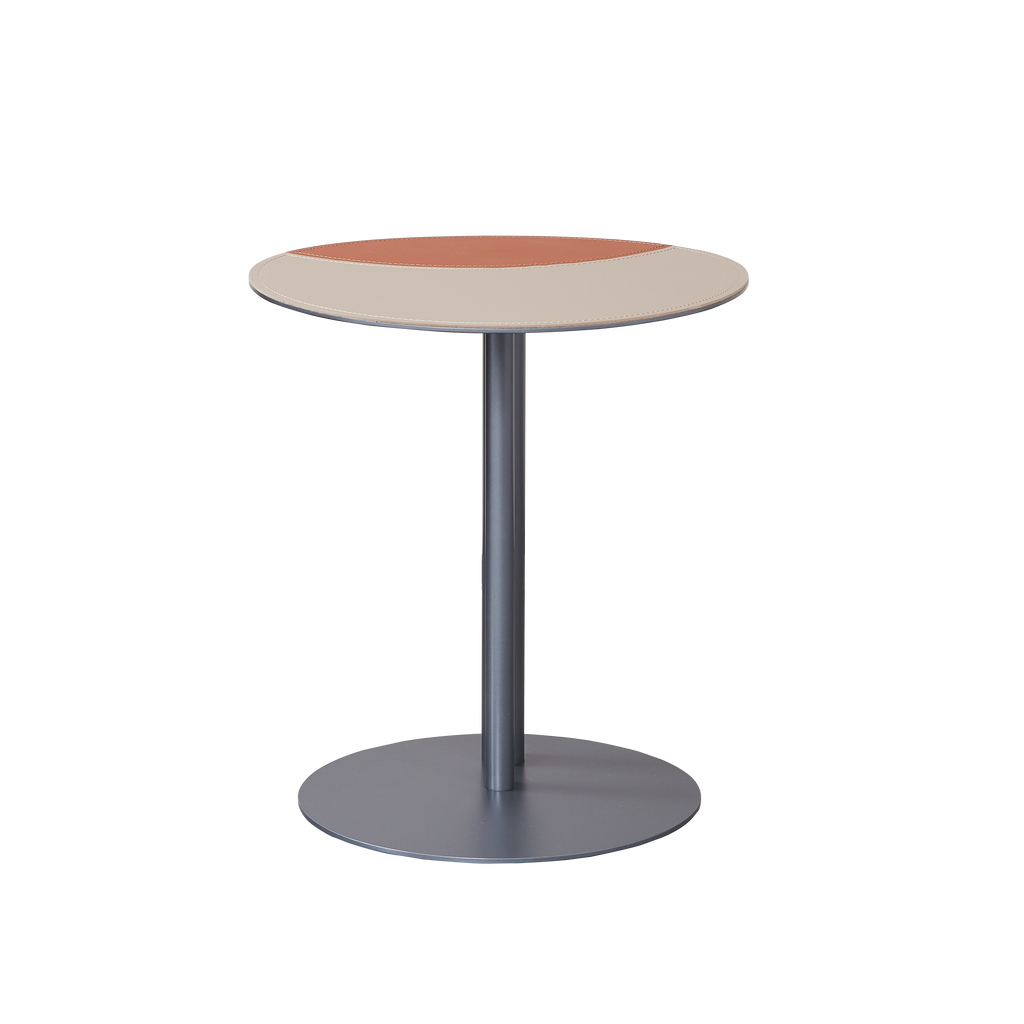 Round Two-Tone Faux Saddle Leather End Table - Minimalist Compact Side Table With Metal Base For Living Room Lumendat