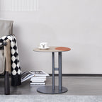 Round Two-Tone Faux Saddle Leather End Table - Minimalist Compact Side Table With Metal Base For Living Room Lumendat