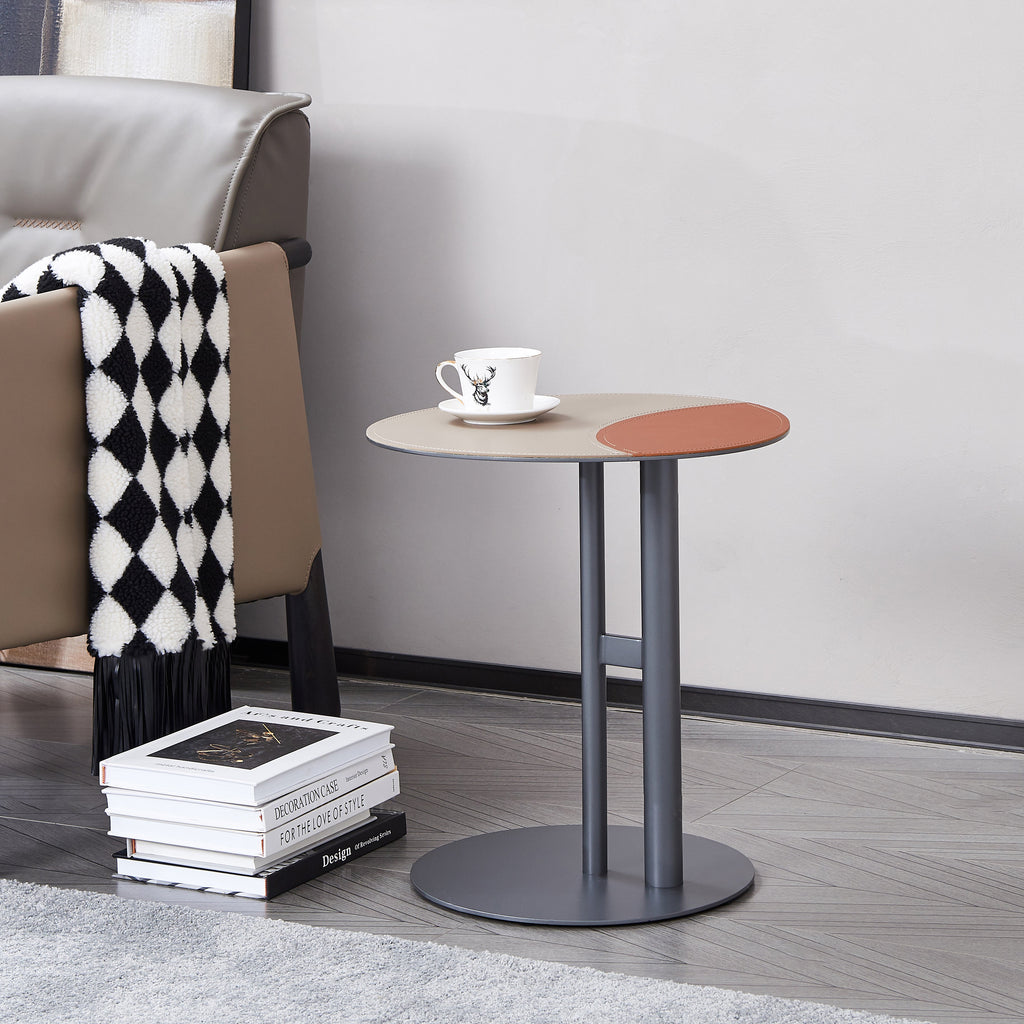 Round Two-Tone Faux Saddle Leather End Table - Minimalist Compact Side Table With Metal Base For Living Room Lumendat
