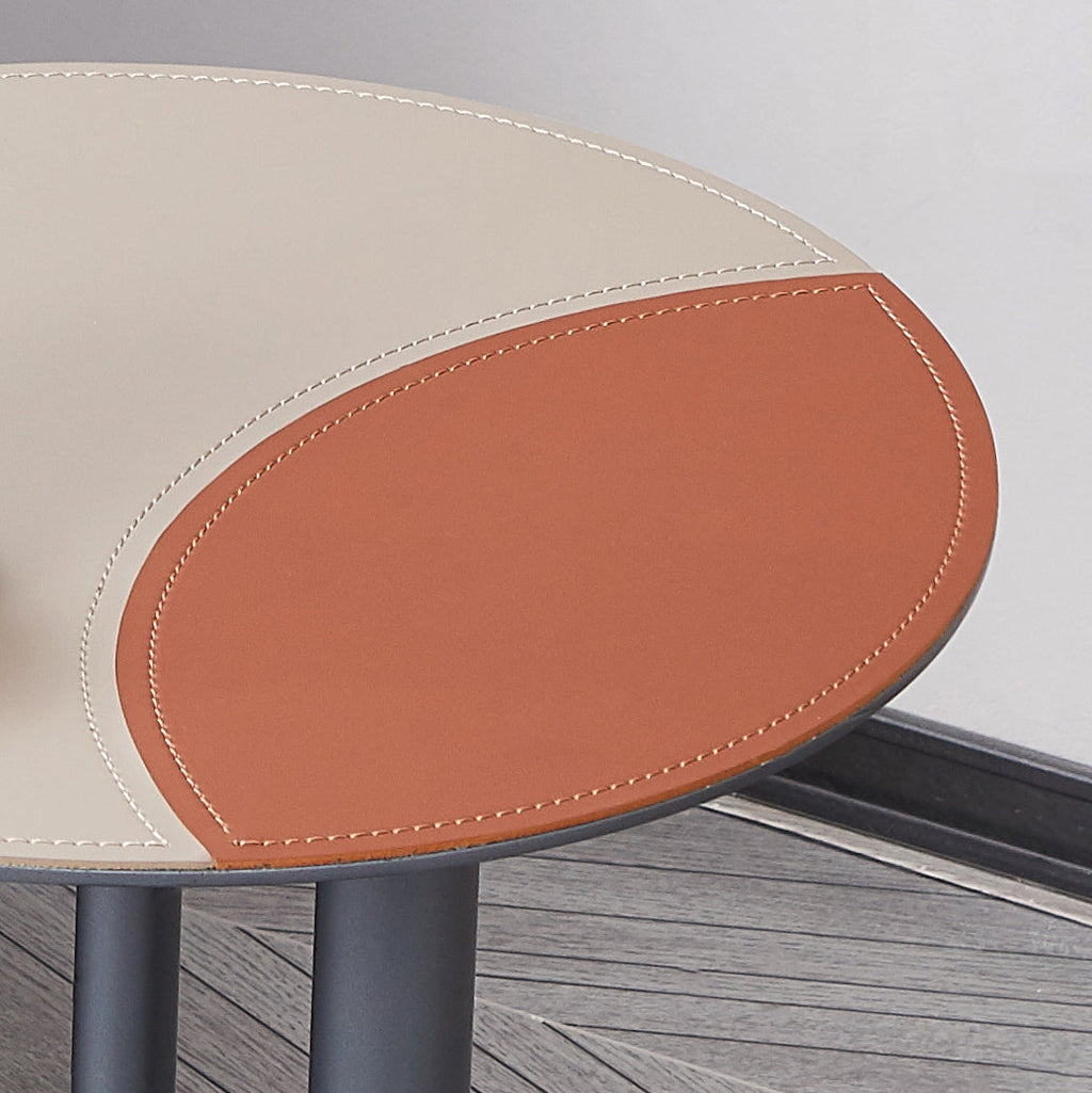 Round Two-Tone Faux Saddle Leather End Table - Minimalist Compact Side Table With Metal Base For Living Room Lumendat