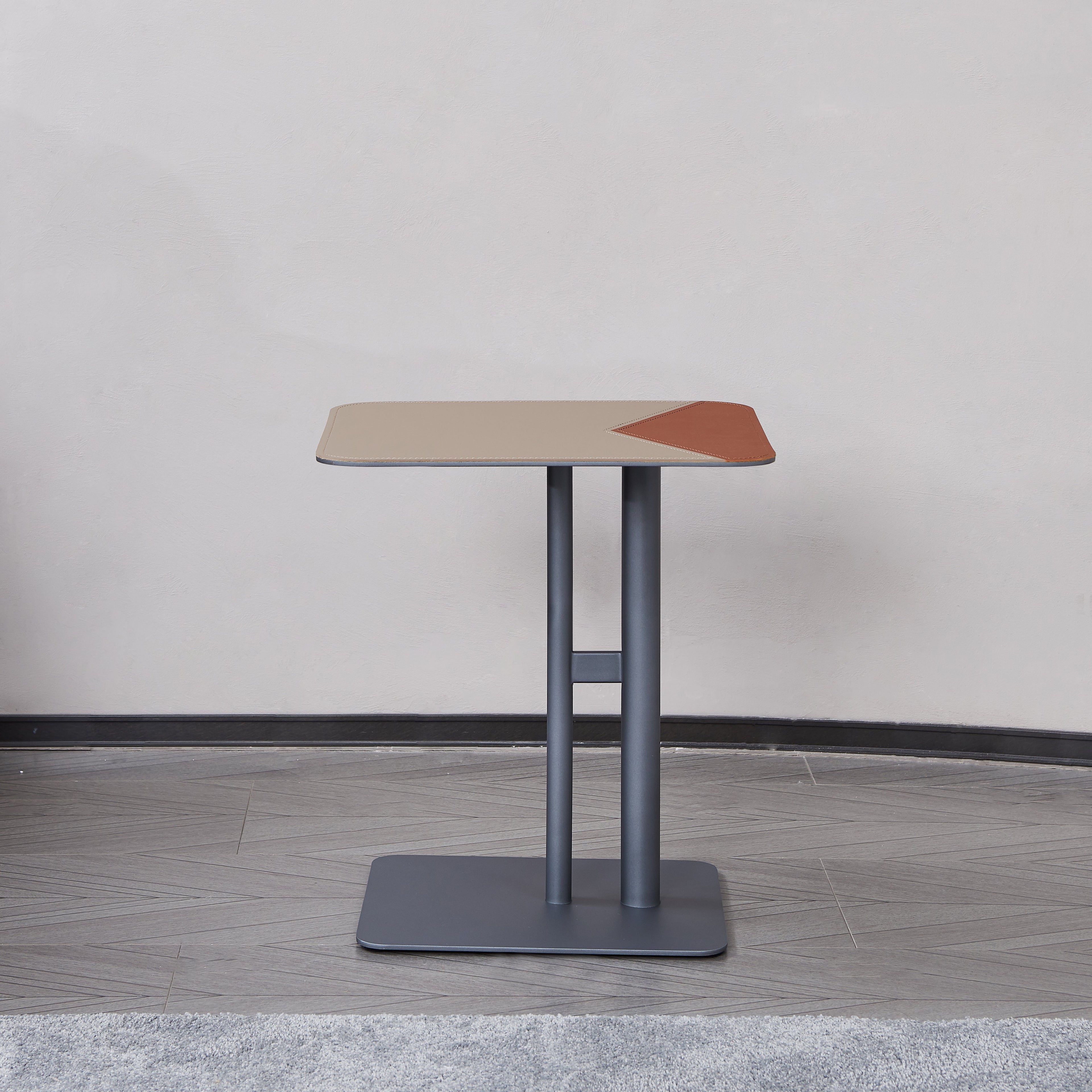 Square Dual-Tone Faux Saddle Leather End Table - Minimalist Asymmetrical Patchwork Detail Corner Table For Living Room Lumendat