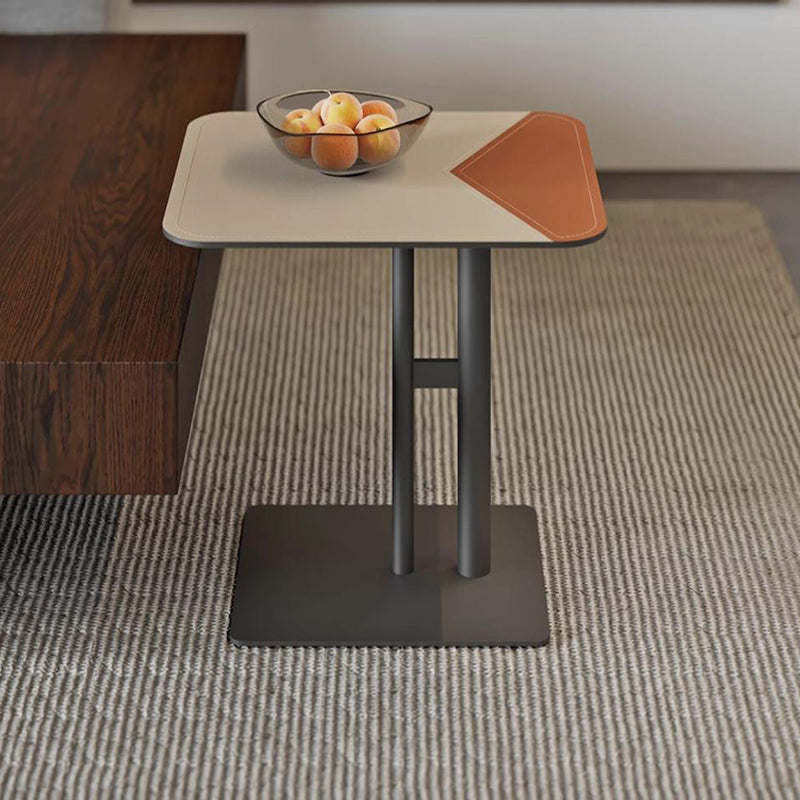 Square Dual-Tone Faux Saddle Leather End Table - Minimalist Asymmetrical Patchwork Detail Corner Table For Living Room Lumendat