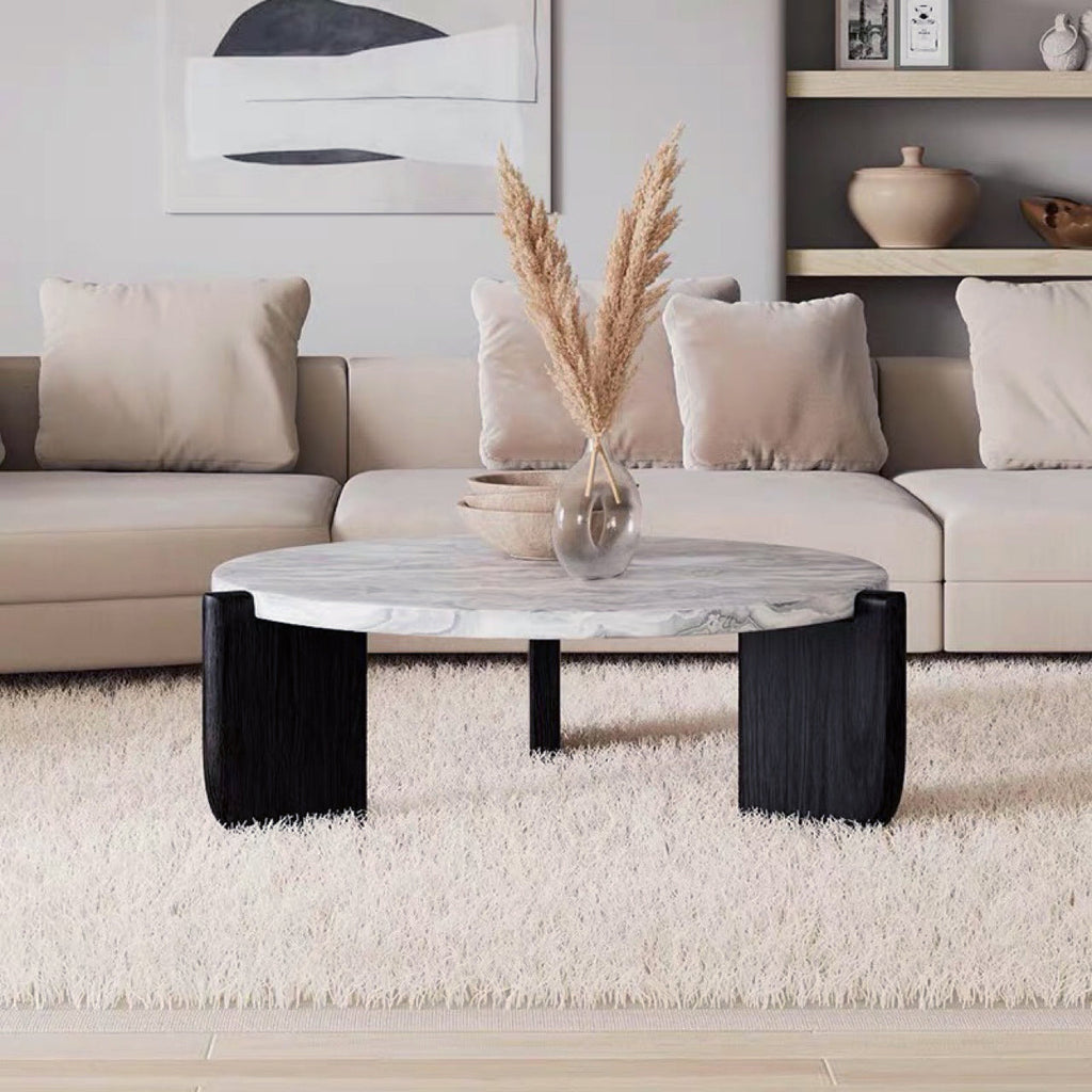 Round Faux Marble Solid Wood Coffee Table - Nordic Natural Texture Accent Table For Living Room Lumendat